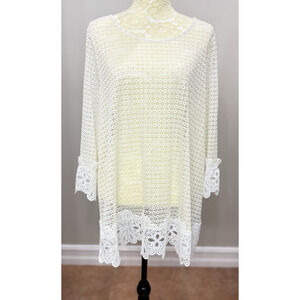 Alfani Women Plus 2X Ivory Open Knit Top White‎ Lace Trim Resort Retro Fairy